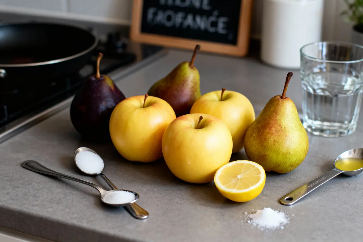 Poires et pommes sur table, avec citron, cuillères de sucre, verre d'eau et poêle en arrière-plan.