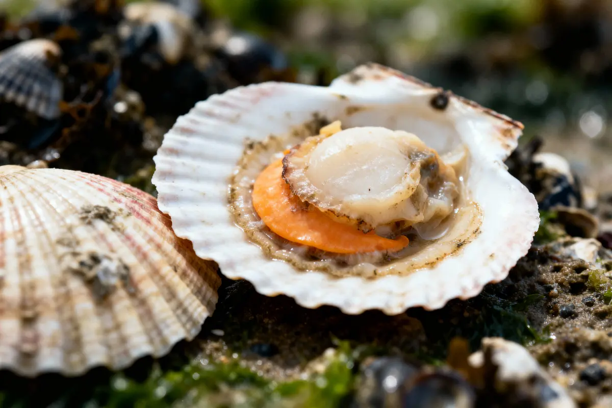 Coquille Saint-Jacques ouverte posée sur du sable avec coquillages, entourée d'algues vertes et de coquilles fermées.