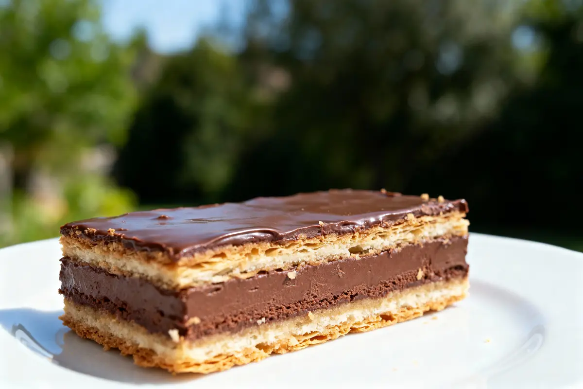 Gâteau chocolat feuilleté sur assiette blanche, fond flou verdoyant, éclairage naturel, perspective latérale rapprochée.