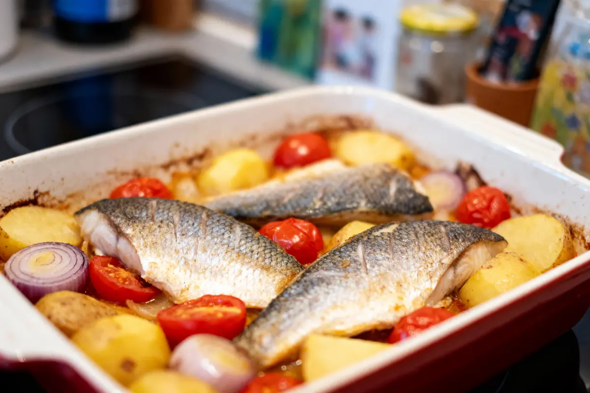 Poisson rôti avec pommes de terre, tomates cerises et rondelles d'oignon violet dans un plat de cuisson.