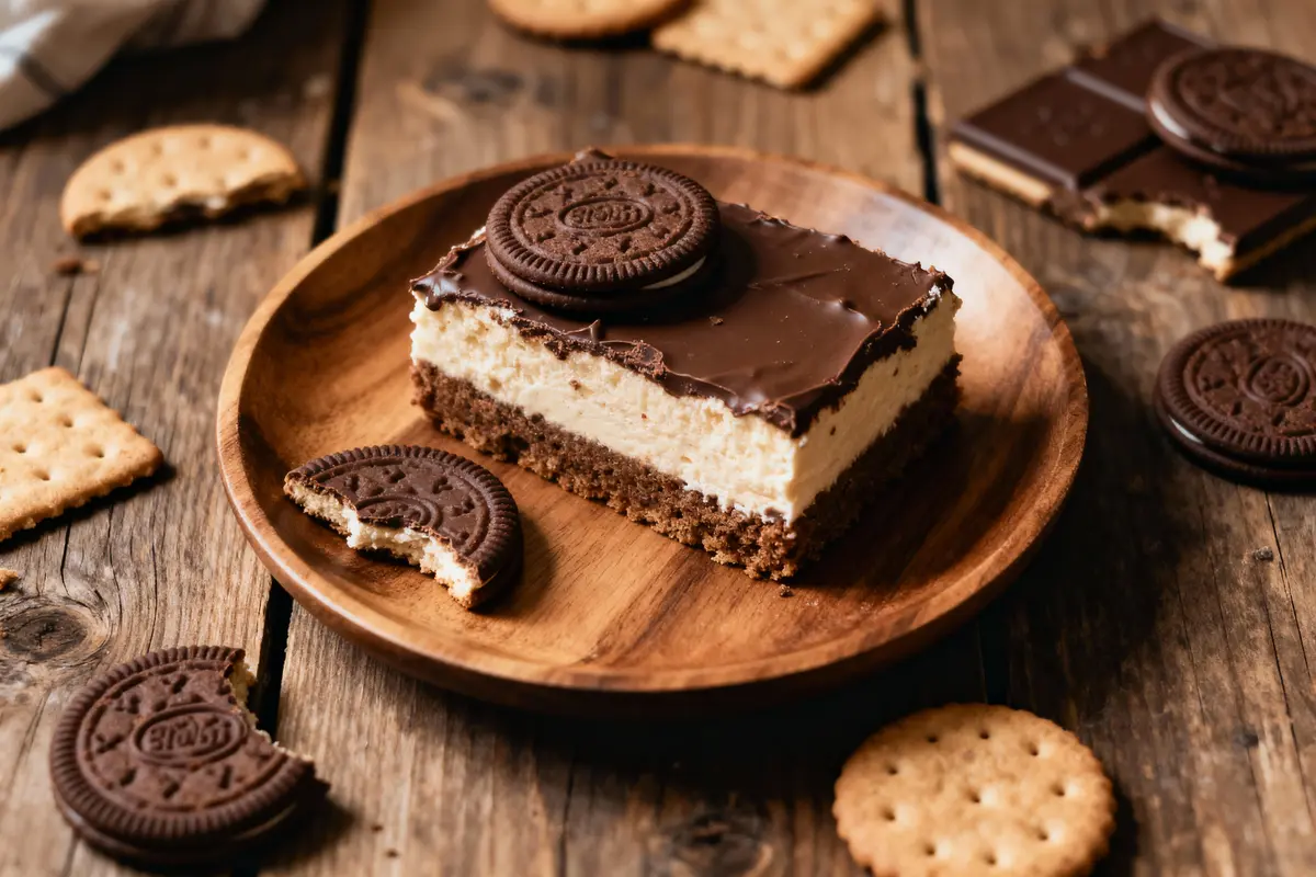 Assiette en bois avec cheesecake chocolat, biscuits ronds et carrés sur table en bois.