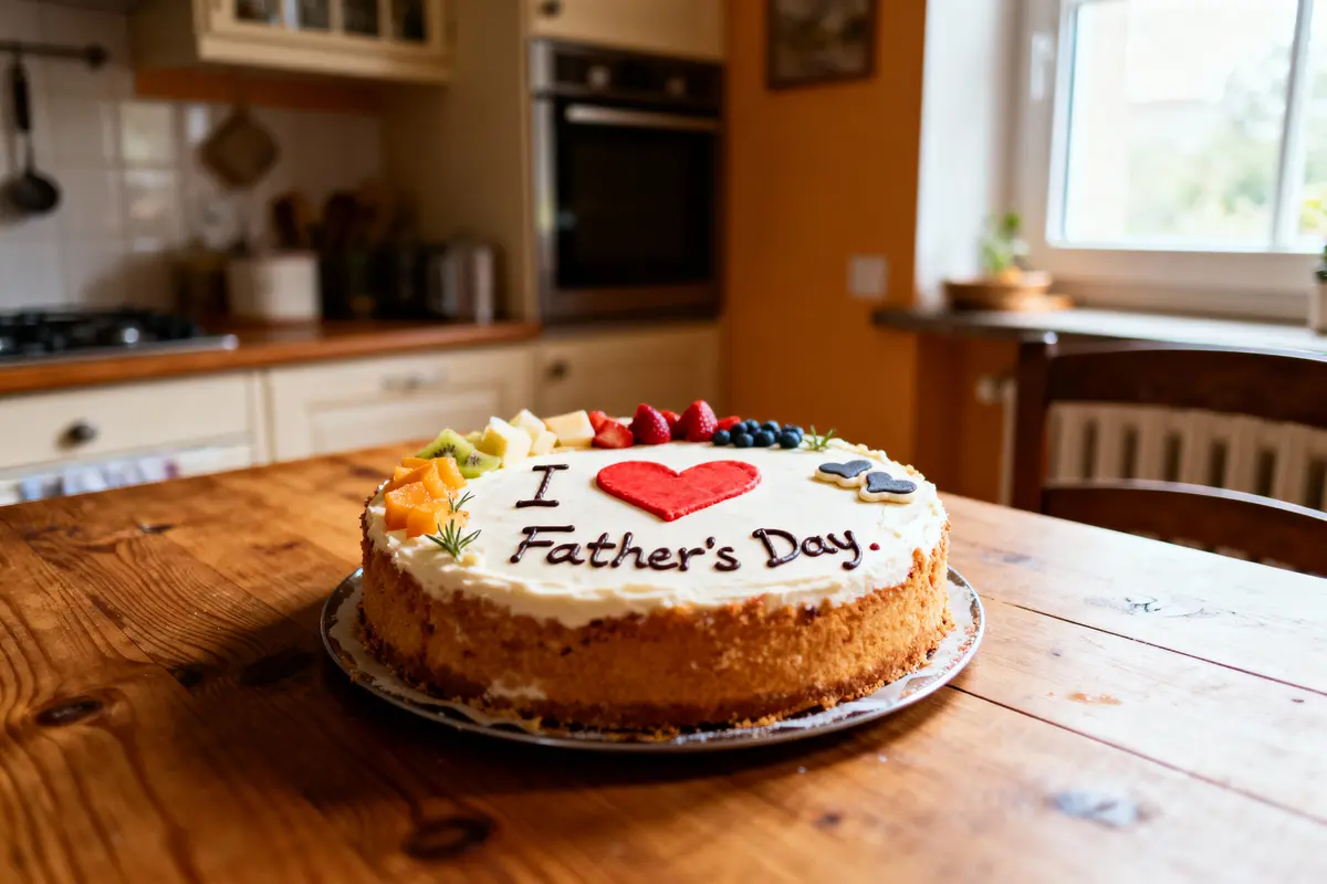 Gâteau décoré de fruits avec "I ❤️ Father's Day" dans une cuisine.