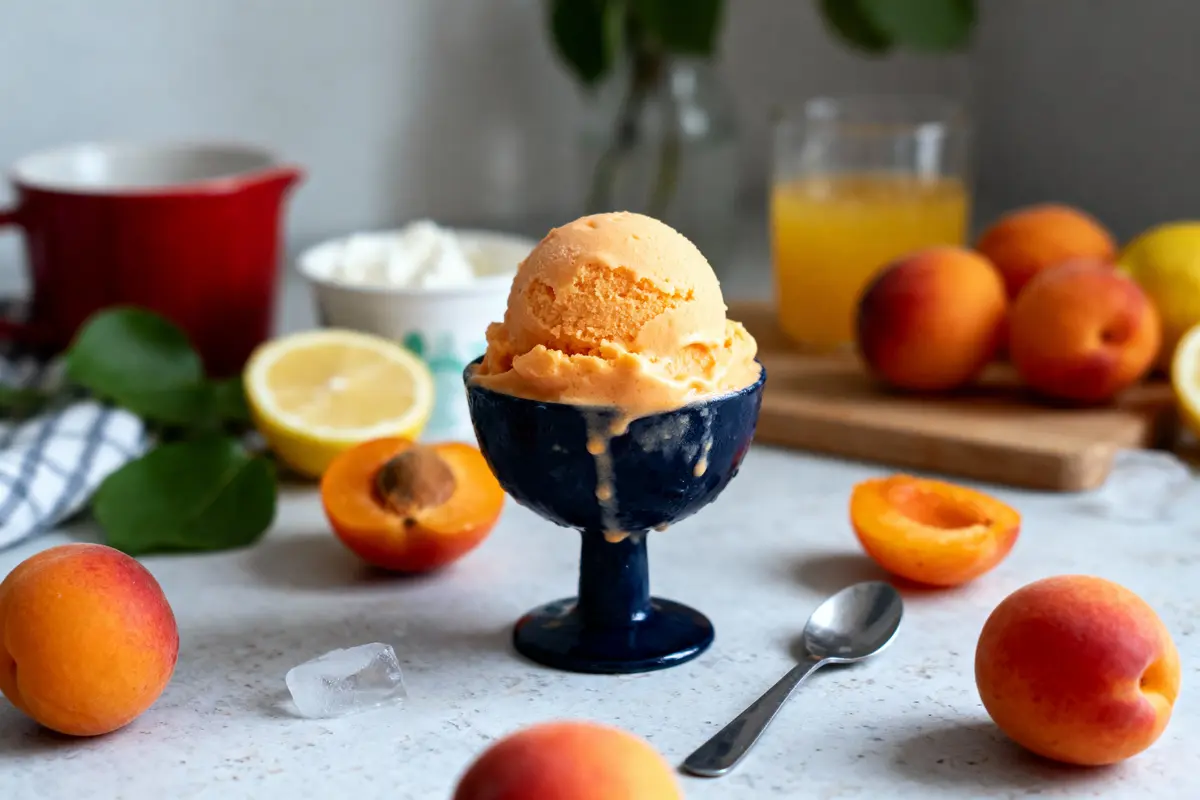 Sorbet à l'abricot dans une coupe bleue, entouré d'abricots frais et demi-citron sur une table.