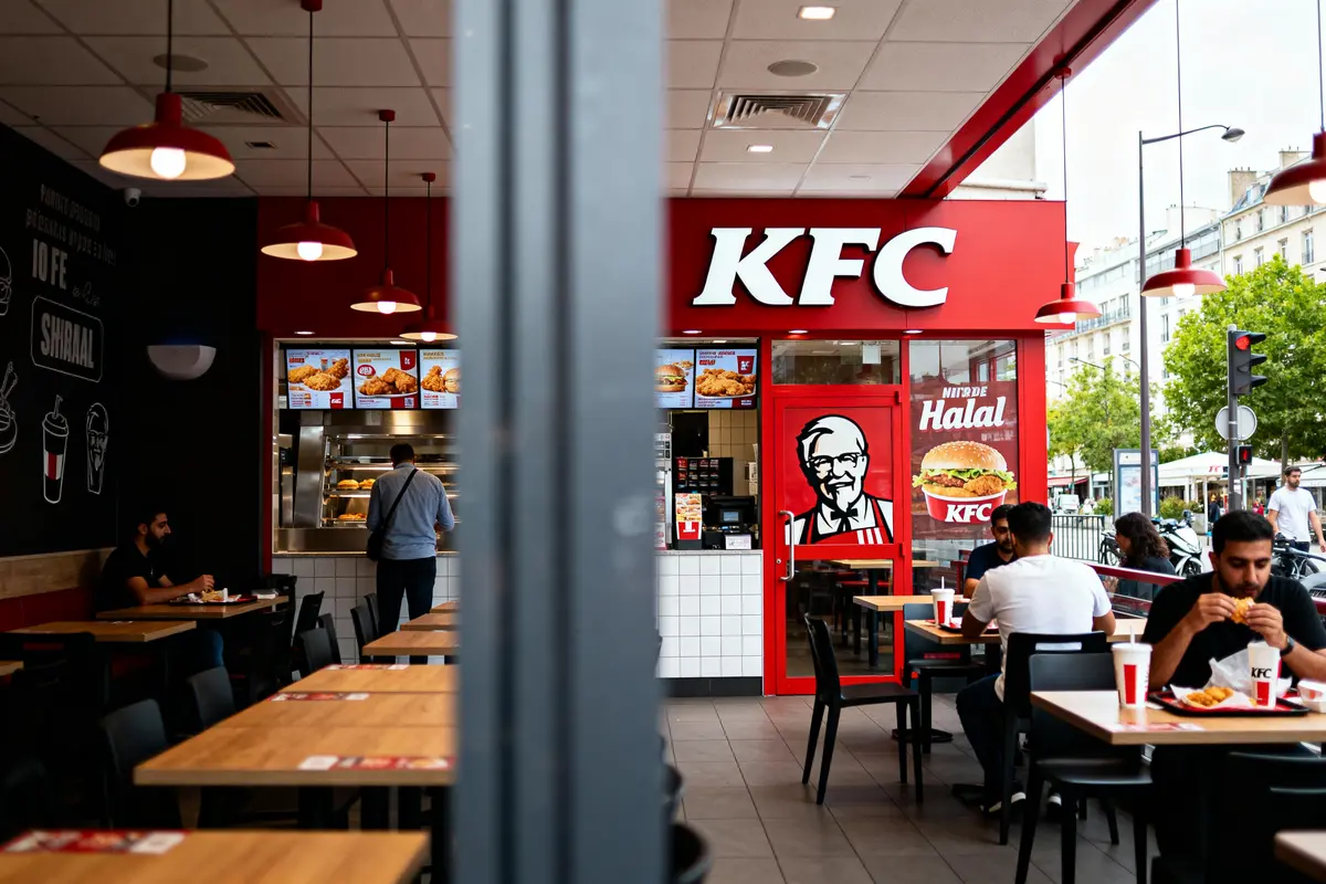 Intérieur de restaurant KFC avec clients mangeant, enseigne et décor rouge distinctif.