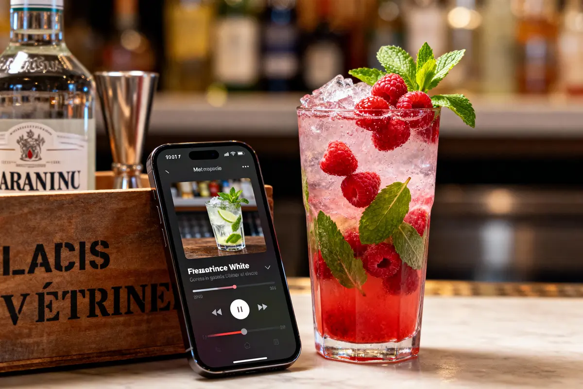 Cocktail framboise menthe avec glaçons, téléphone affichant musique, arrière-plan flou bar, bouteille et shaker en métal.