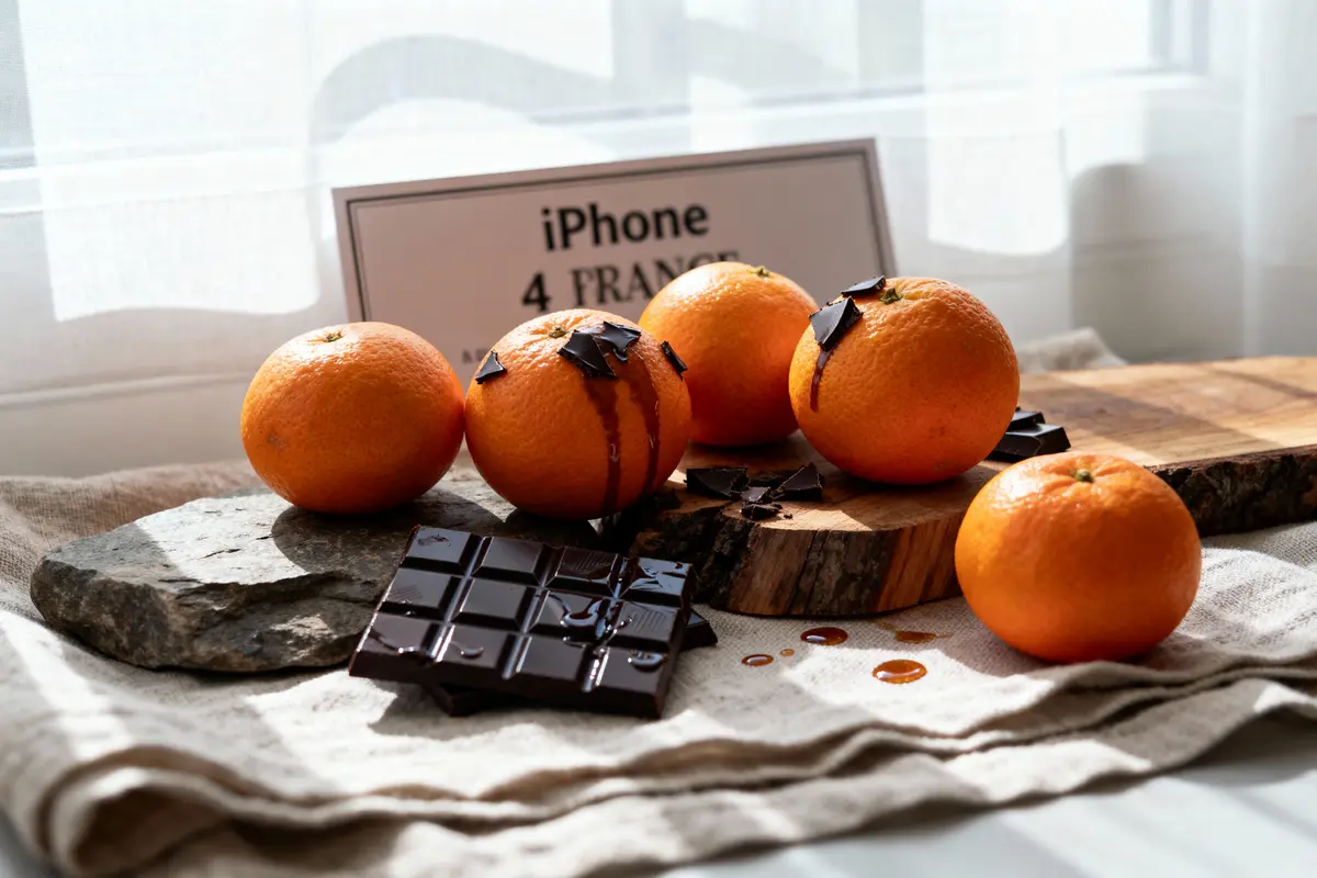 Oranges avec morceaux de chocolat sur bois, tablette chocolatée, lumière naturelle en arrière-plan. Panneau "iPhone 4 France".