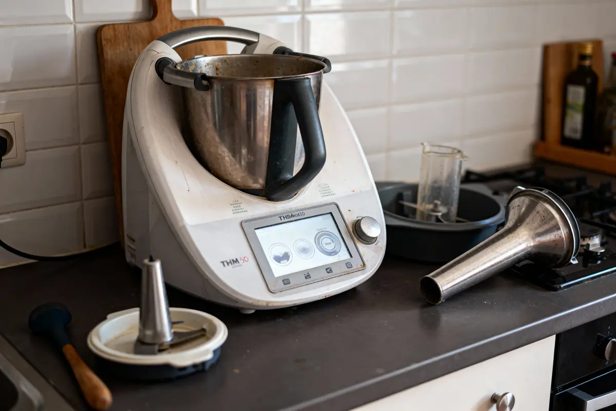 Robot culinaire Thermomix sur comptoir de cuisine, accessoires métalliques et plastique, carrelage blanc en arrière-plan.