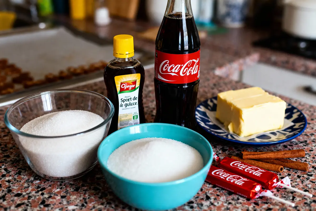 Ingrédients sur un plan de travail : sucre, beurre, sirop, Coca-Cola, bâtons de cannelle, sucettes.