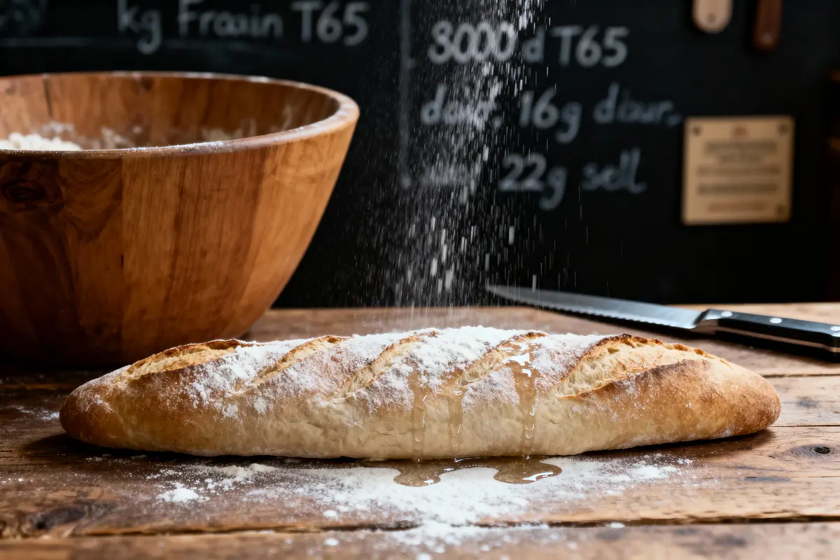 Baguette saupoudrée de farine sur table en bois avec saladier et couteau en arrière-plan.