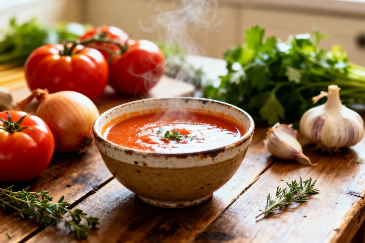 Bol de soupe tomate fumante, entouré de tomates, oignon, ail et herbes sur une table en bois.