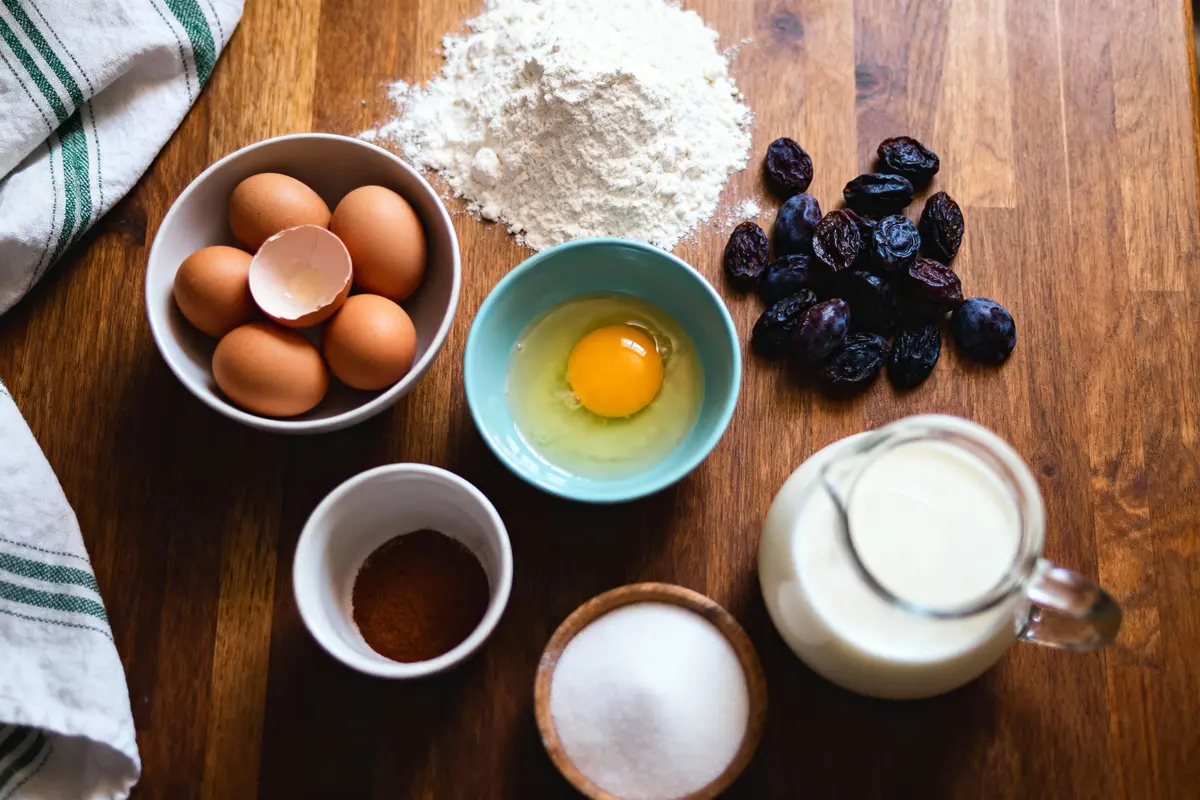 Ingrédients de pâtisserie : œufs, farine, lait, sucre, cannelle, raisins secs sur une table en bois.