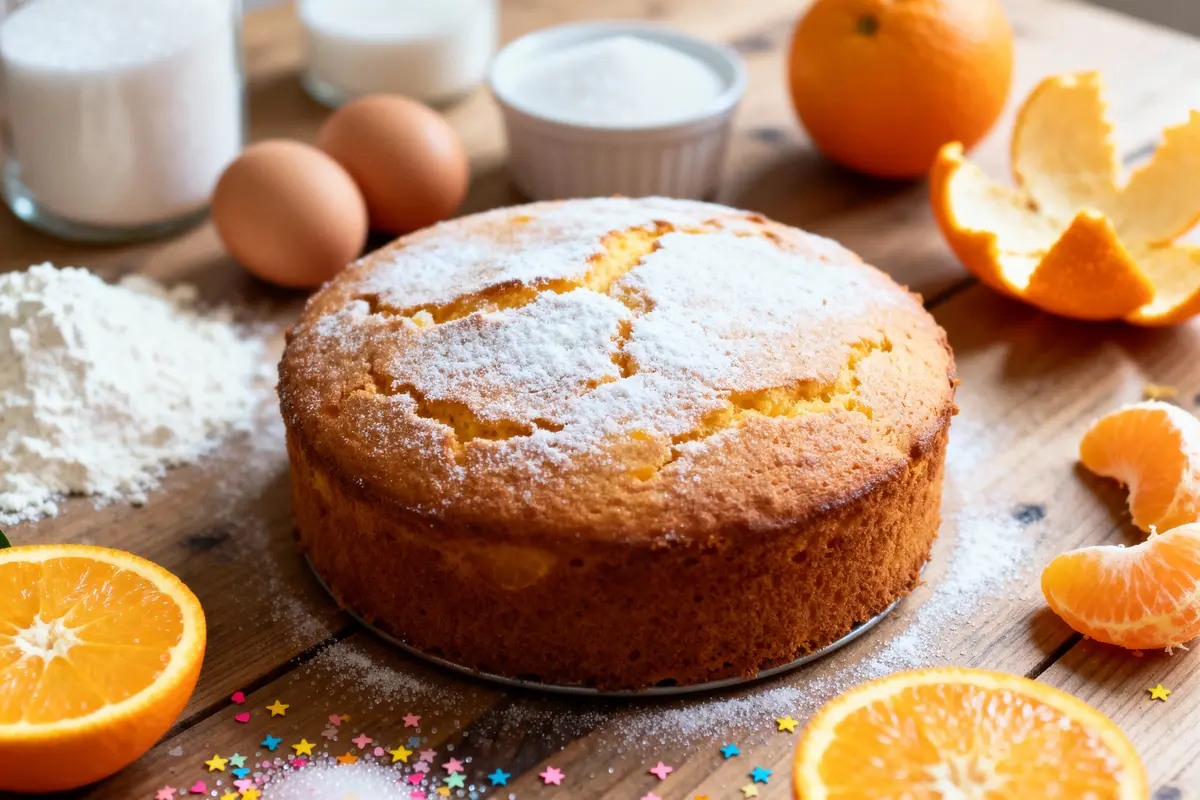 Gâteau à l'orange sur table en bois, entouré d'ingrédients : farine, œufs, sucre, oranges, écorces et oranges tranchées.