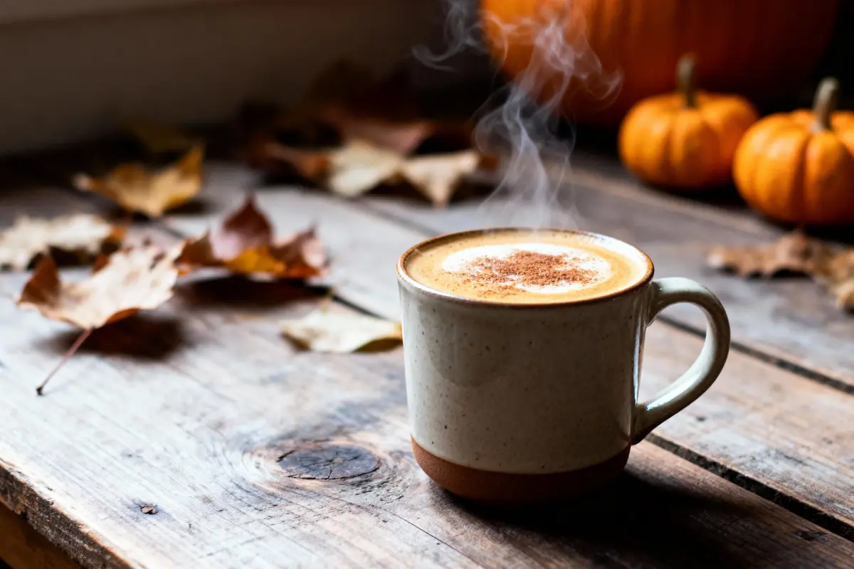 Tasse de café fumant sur table en bois, feuilles mortes, citrouilles en arrière-plan. Ambiance automnale.