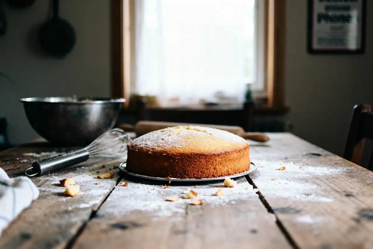 Gâteau rond saupoudré de sucre glace sur table en bois rustique, fouet et bol métallique derrière.