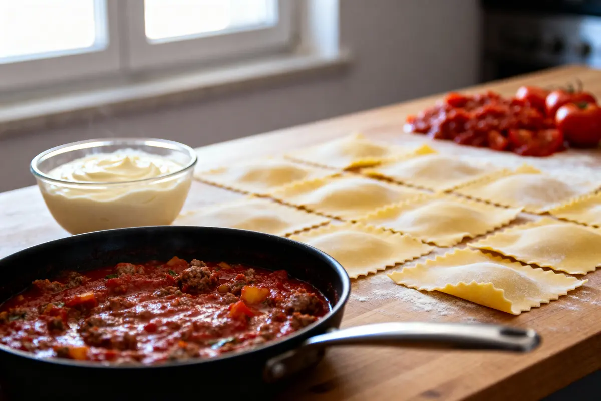 Raviolis non cuits sur une table avec sauce tomate-viande et bol de crème à proximité.