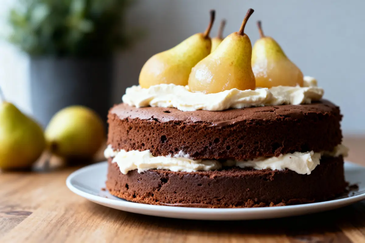 Gâteau au chocolat avec crème chantilly, décoré de poires pochées, sur une assiette blanche, fond flou.
