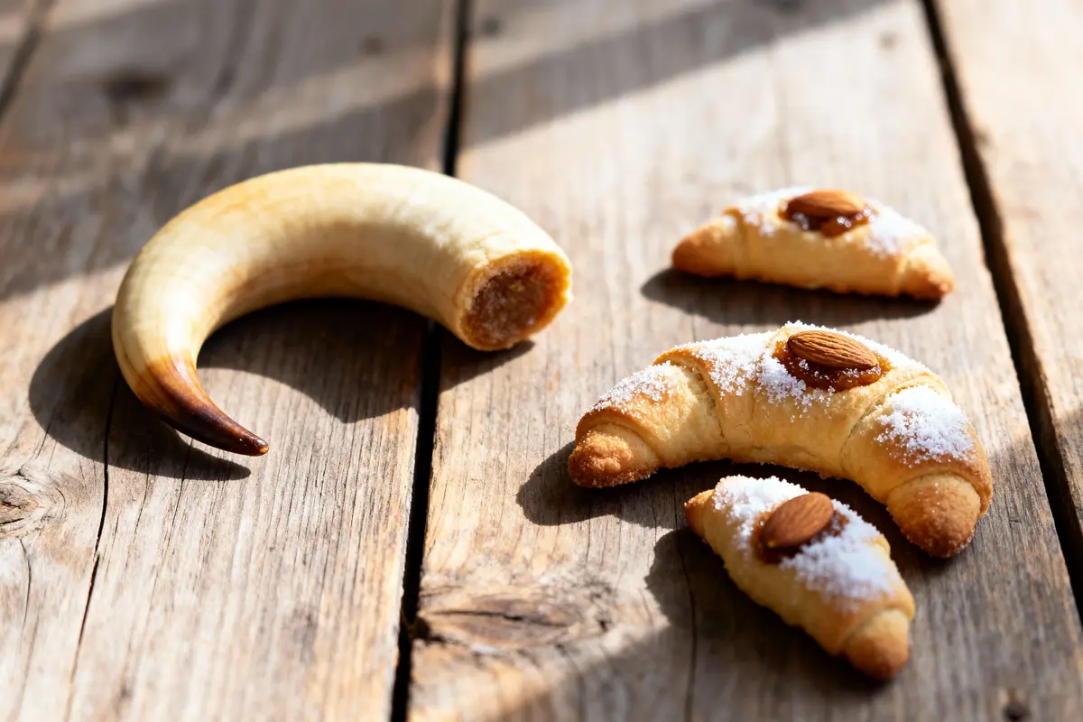 Trois croissants saupoudrés de sucre avec amandes, cône similaire à une corne, sur une table en bois.