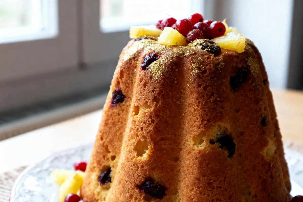 Gâteau haut, décoré de fruits rouges et morceaux d'ananas, posé sur assiette, lumière naturelle.