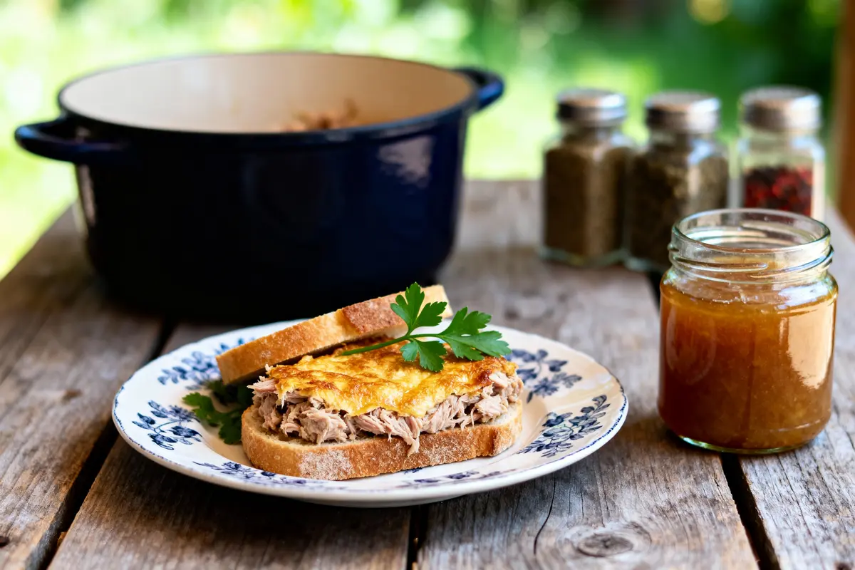 Sandwich à la viande sur assiette fleurie, pot de confiture, épices sur table en bois, cocotte en arrière-plan.