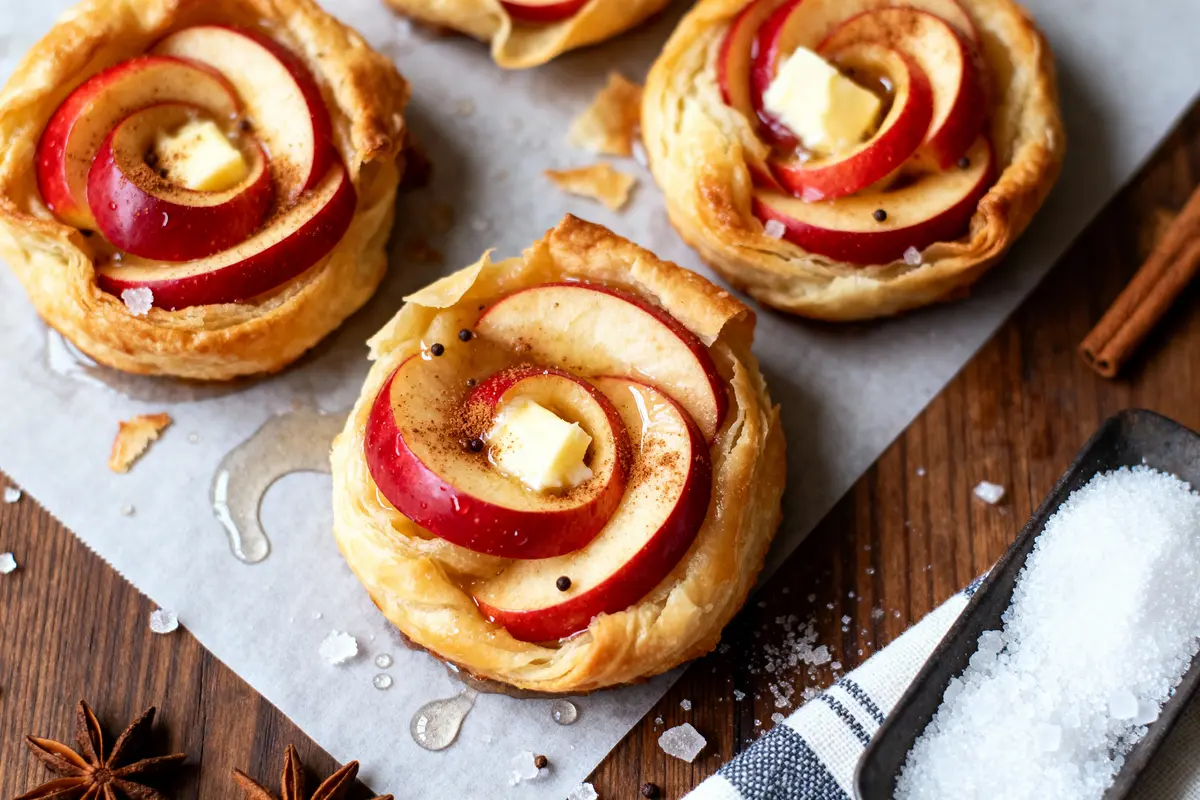 Tartelettes aux pommes avec pâte feuilletée, beurre, cannelle, sucre, présentées sur papier cuisson. Décoration étoile de badiane.
