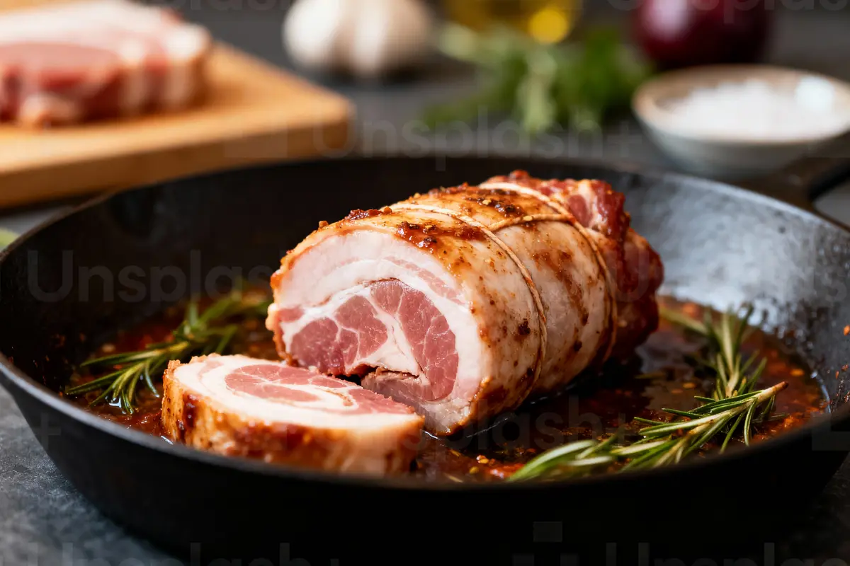 Rôti de porc dans une poêle avec brins de romarin, assiette de viande en arrière-plan.