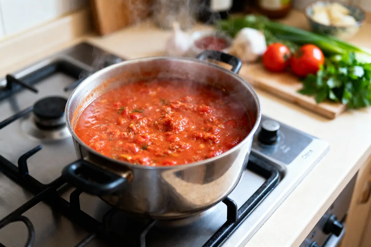 Casserole de sauce tomate mijotant sur une cuisinière, avec légumes frais en arrière-plan.