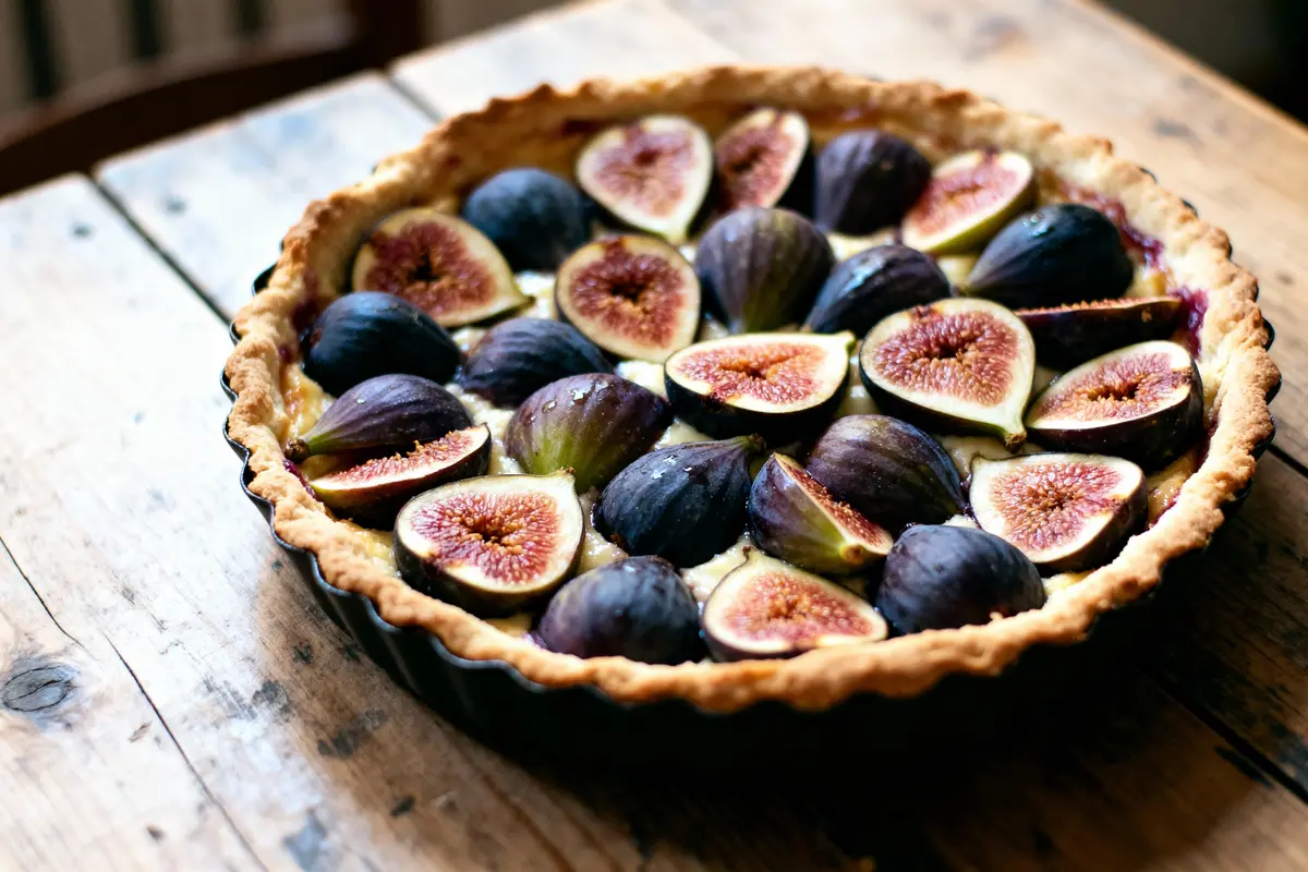Tarte aux figues fraîches sur une table en bois, coupe brisée.