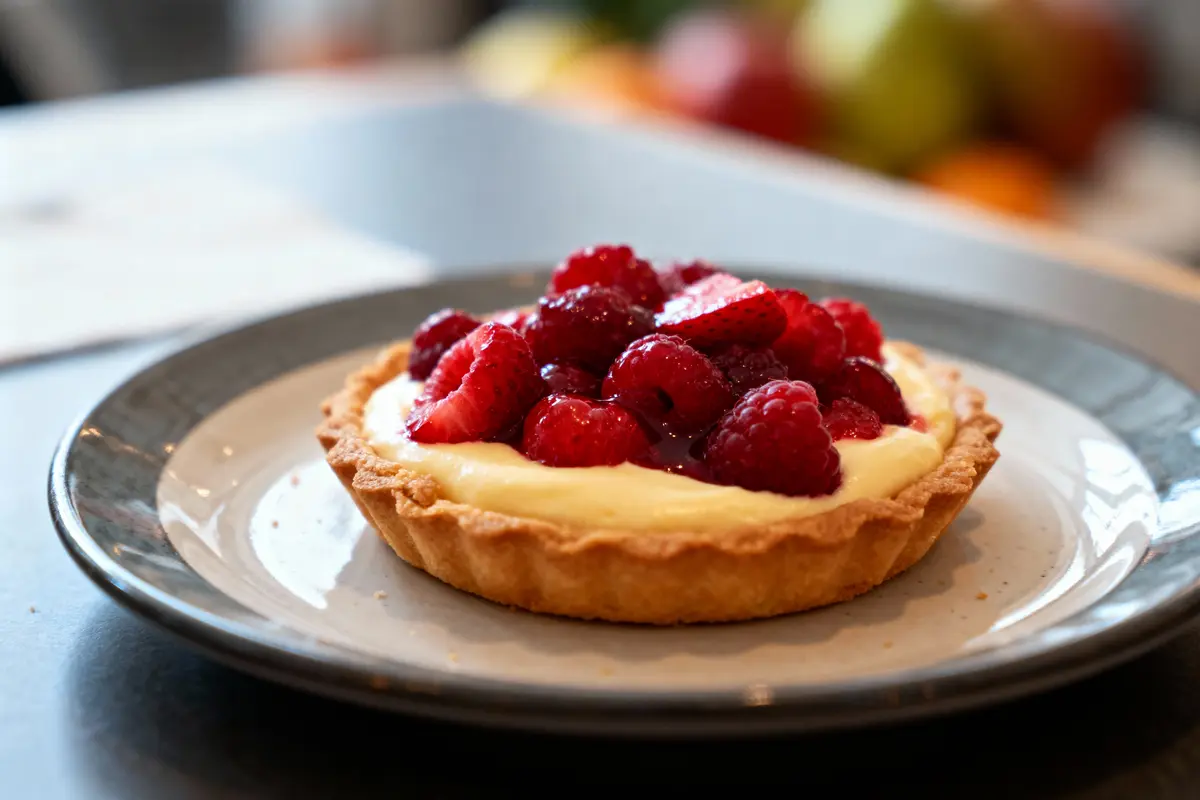 Tartelette aux framboises et crème pâtissière sur assiette grise. Fruits frais et appétissants.