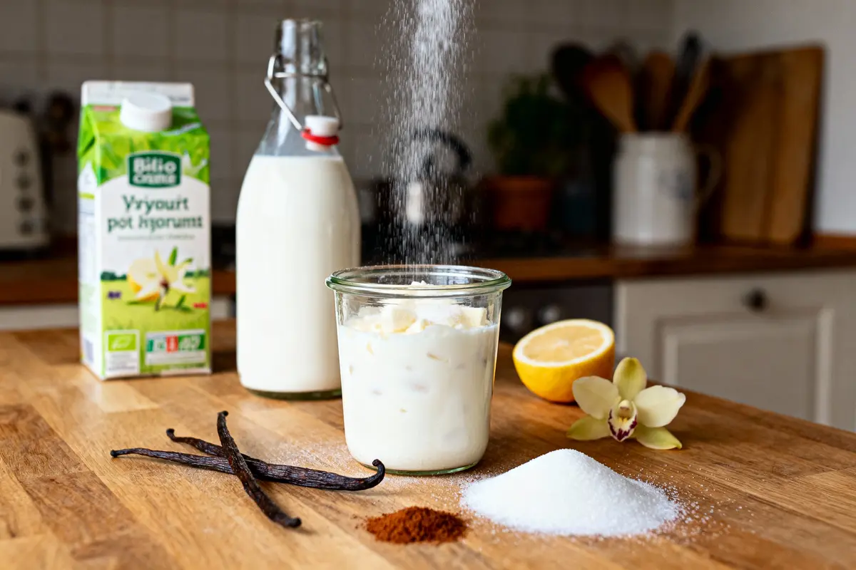 Ingrédients sur table: vanille, cannelle, sucre, citron, orchidée, yaourt, lait en bouteille. Cuisine en arrière-plan.