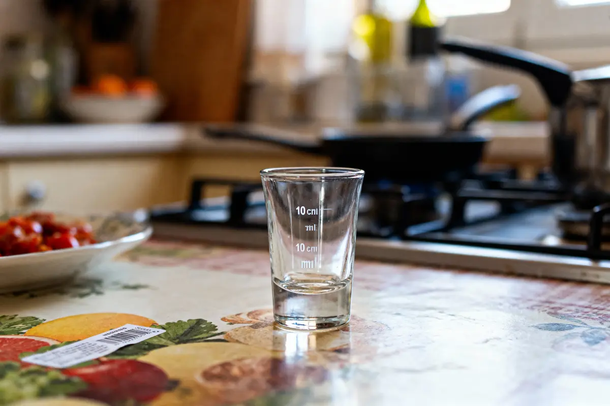 Verre doseur vide sur table de cuisine avec fond flou : cuisinière, poêle, bol de fruits.