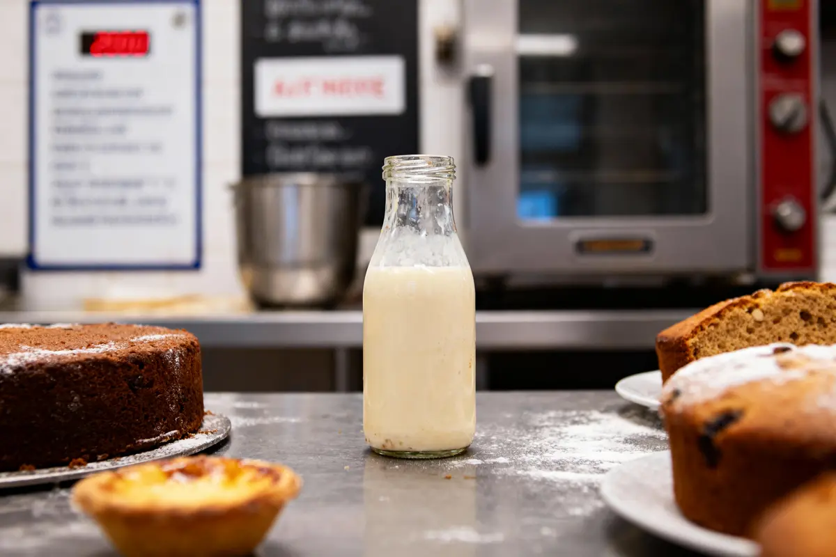 Bouteille de lait devant gâteaux variés sur table de cuisine, four industriel en arrière-plan.