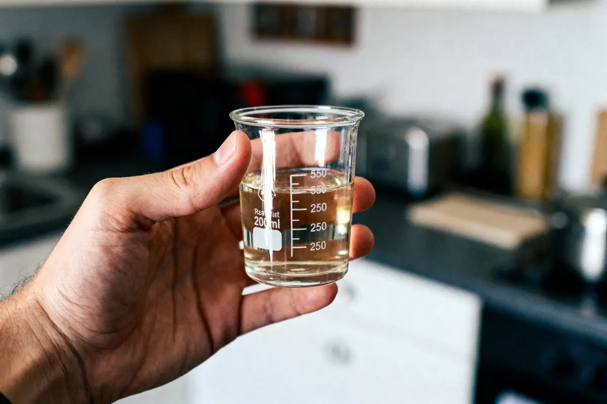Main tenant bécher avec liquide translucide, cuisine floue en arrière-plan.