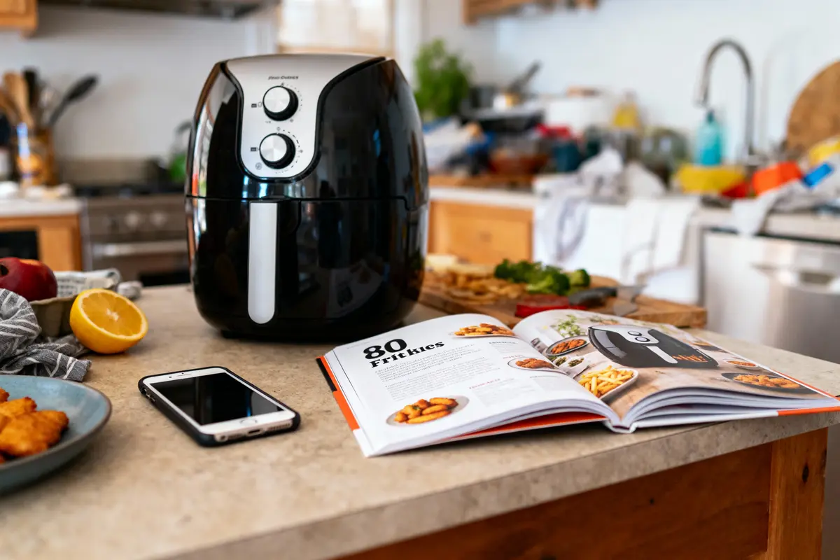 Friteuse à air sur comptoir cuisine, livre de recettes ouvert, smartphone et aliments frais en arrière-plan.