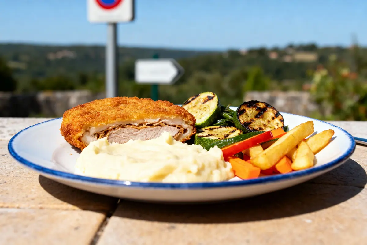 Assiette avec escalope panée, purée, légumes grillés, frites, en extérieur, panneau routier flou en arrière-plan.