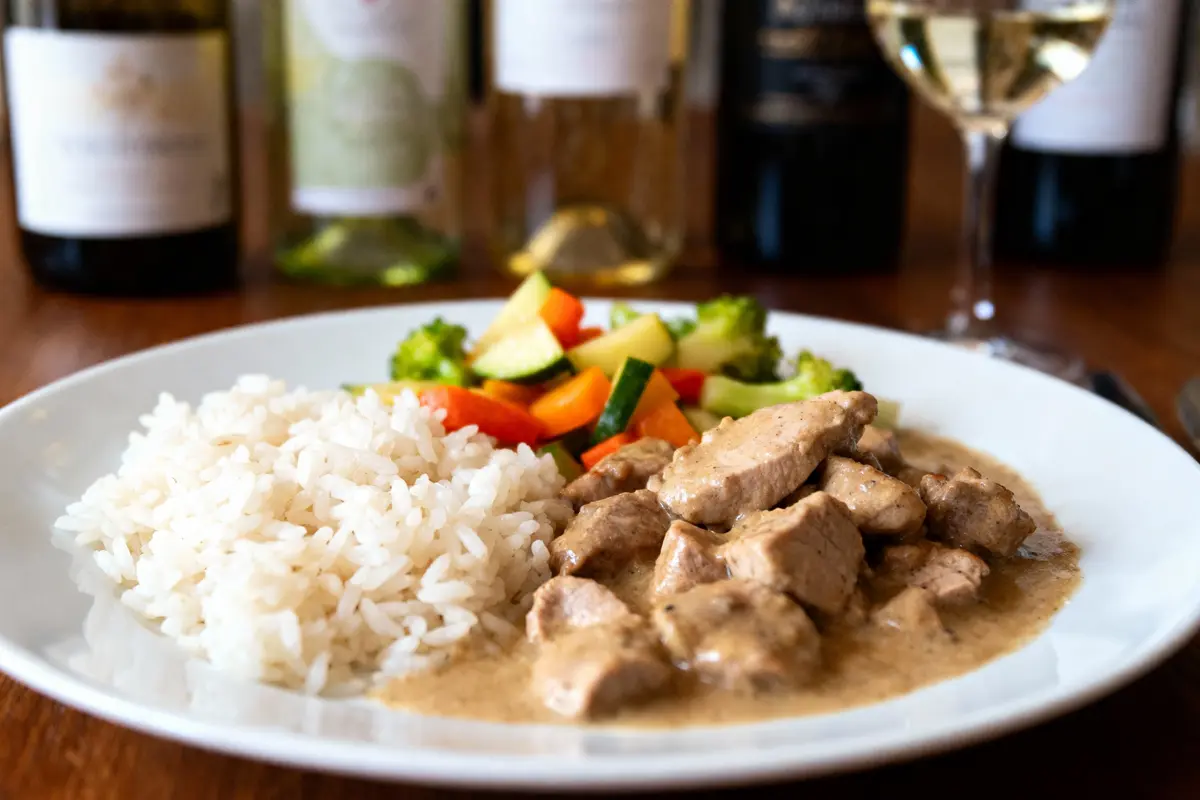 Assiette de riz, poulet en sauce, légumes variés; fond de bouteilles de vin et verre rempli.
