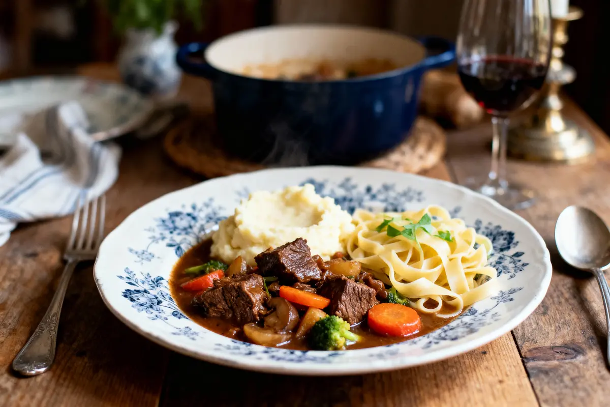 Assiette avec ragoût de bœuf, purée de pommes de terre, tagliatelles. Verre de vin rouge à côté.