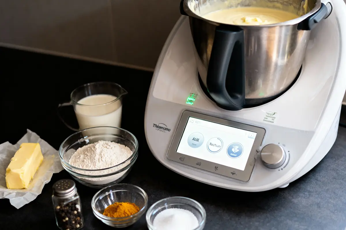 Robot culinaire avec écran, bol mélangeur, ingrédients : lait, farine, beurre, épices, poivre, sur plan de travail.