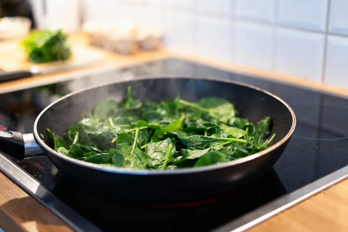 Des épinards frais cuisinent dans une poêle chaude sur une cuisinière moderne dans une cuisine lumineuse.