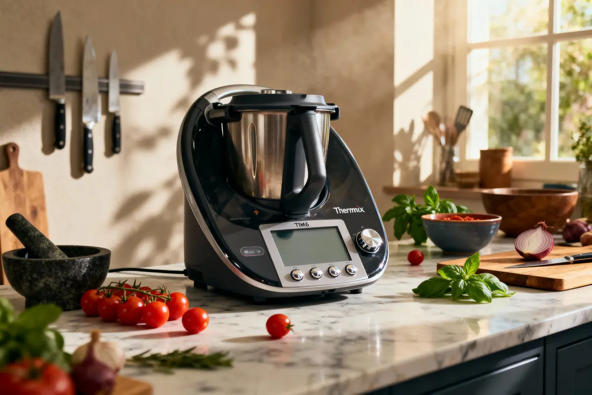 Mixeur Thermomix TM6 sur plan de cuisine, entouré de couteaux, tomates et herbes fraîches. Fenêtre en arrière-plan.