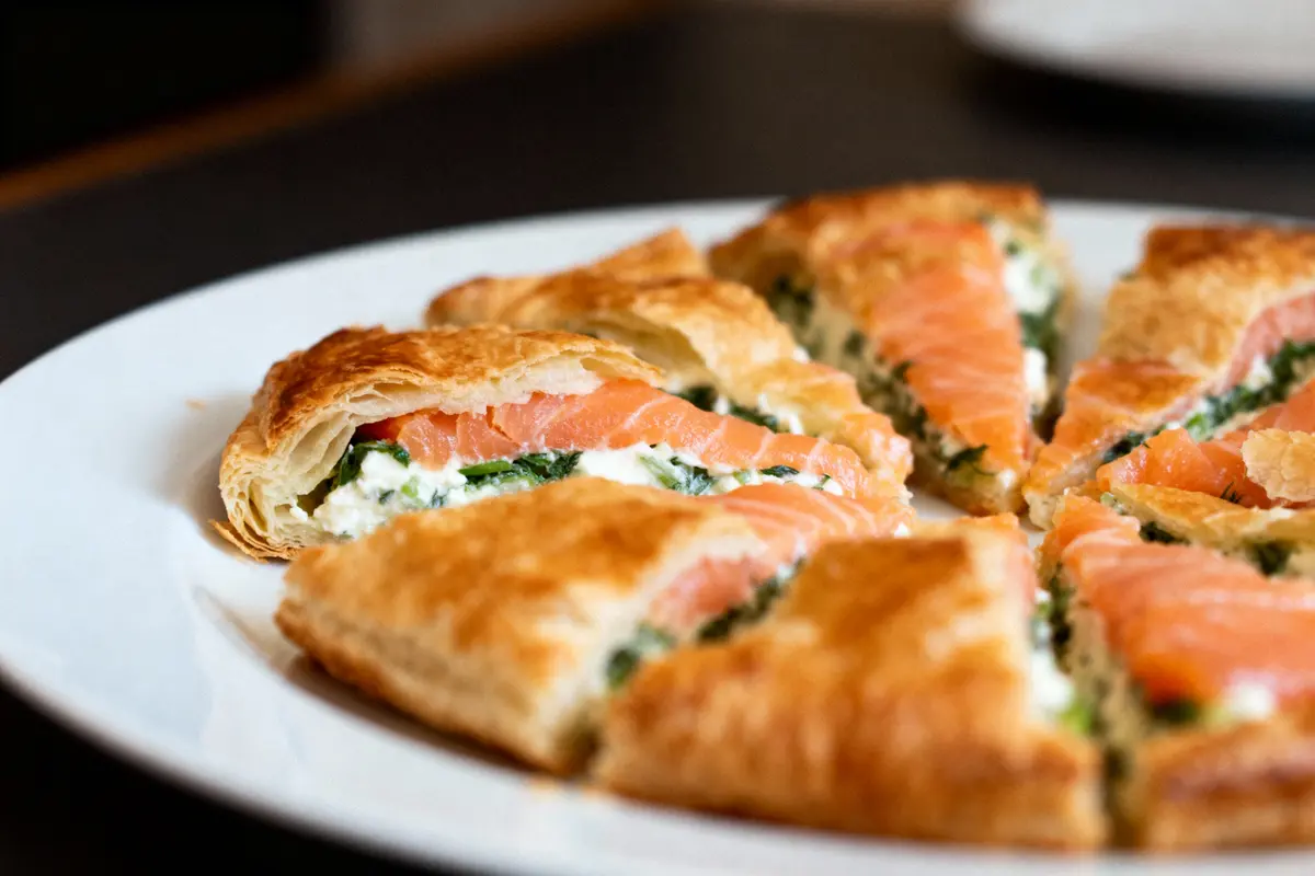 Tranches de tarte feuilletée avec saumon, épinards et fromage sur une assiette blanche, vue rapprochée.