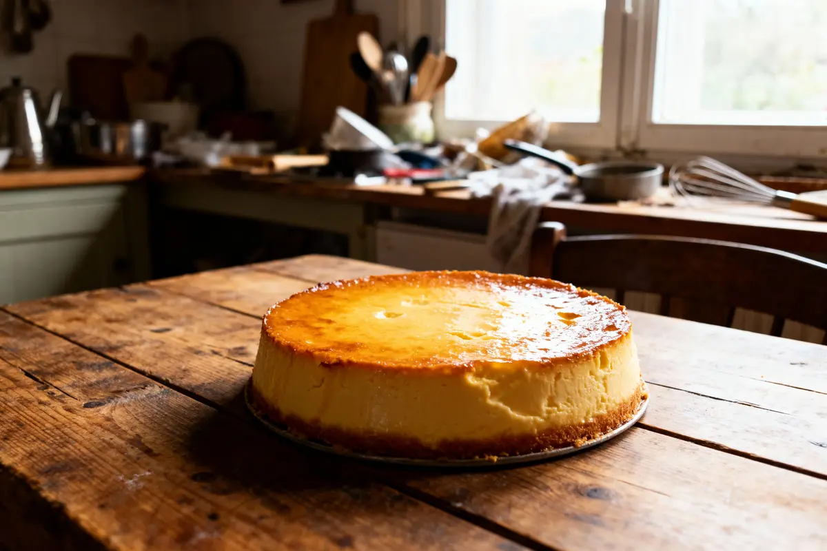 Gâteau au fromage doré sur table en bois dans une cuisine rustique éclairée par une fenêtre.