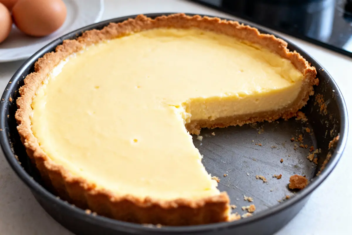 Tarte au citron avec une part manquante, montrée dans un moule, près d'un bol d'œufs.