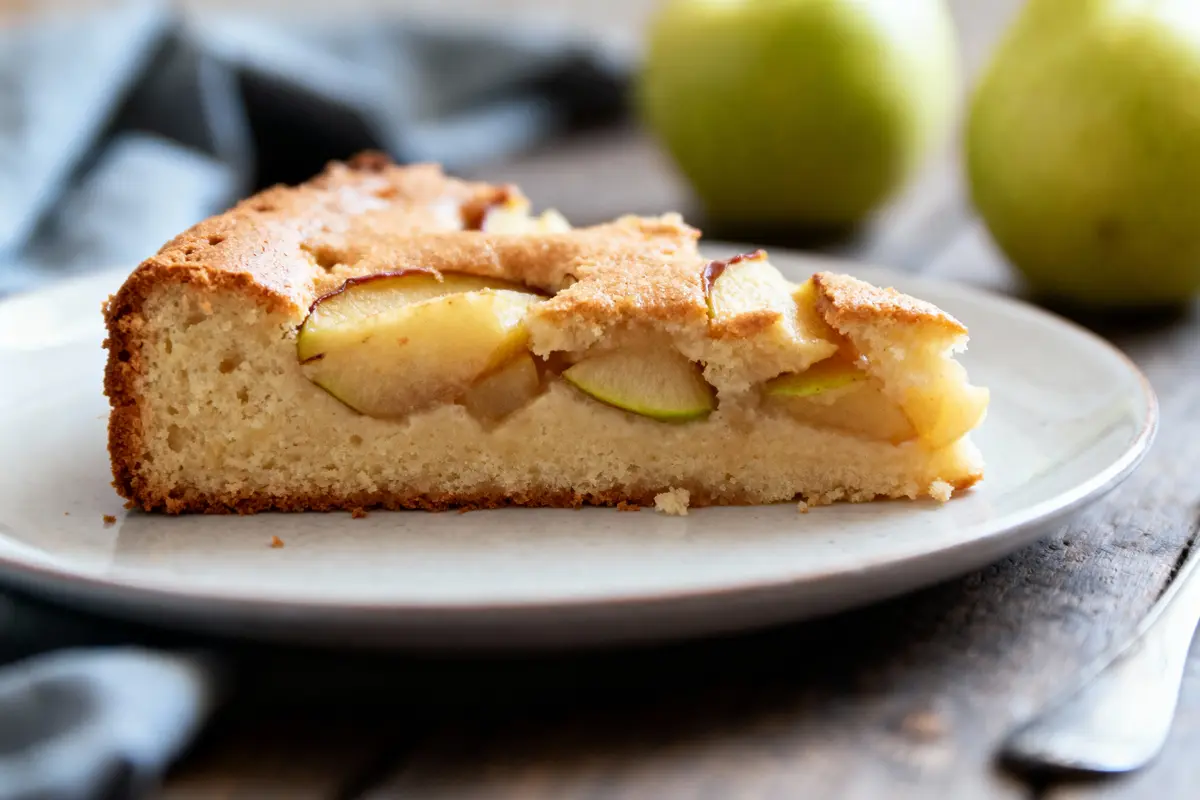 Part de gâteau aux pommes sur assiette blanche avec pommes vertes en arrière-plan flou.