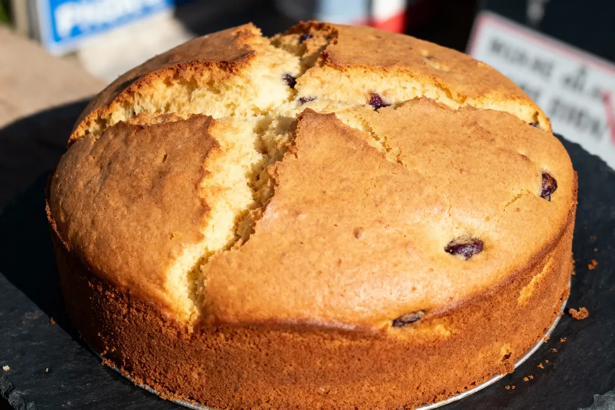 Gâteau doré et cuit, avec des morceaux de fruits visibles, posé sur une ardoise noire.