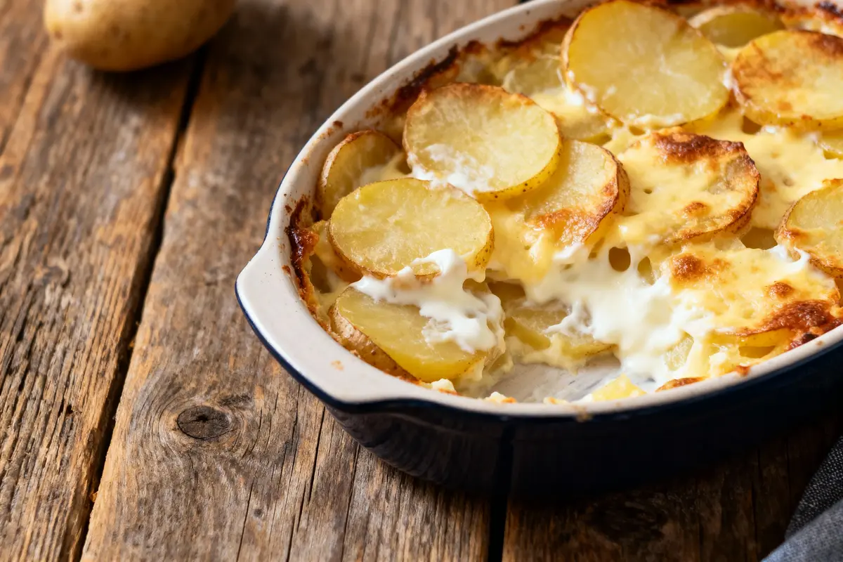 Gratin dauphinois doré dans un plat en céramique sur une table en bois rustique.