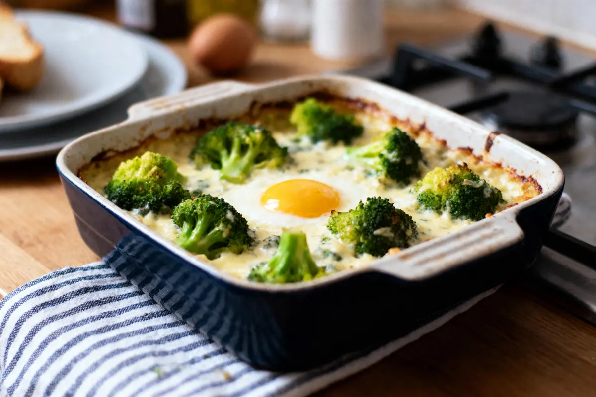 Plat gratiné avec brocolis et œuf au centre, dans un plat carré noir sur un torchon rayé.