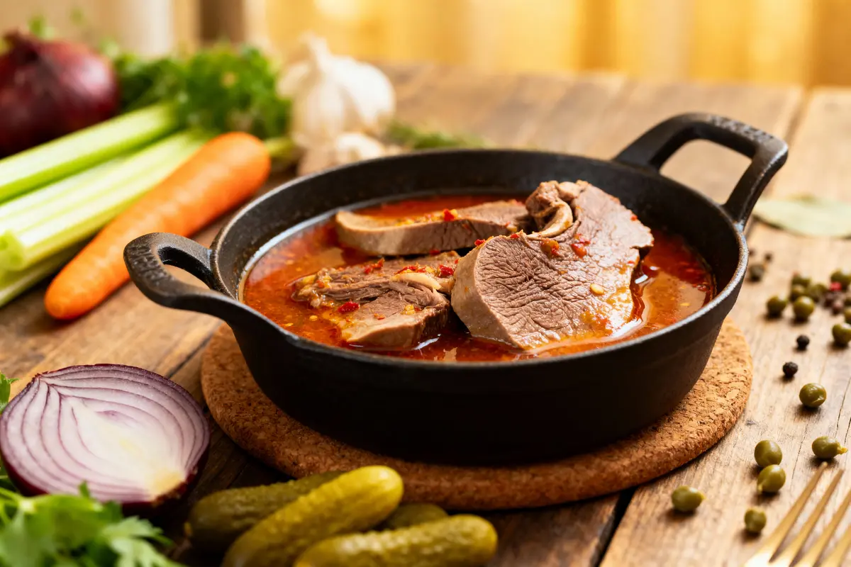 Plat de viande en sauce dans une casserole noire, entouré de légumes et condiments sur table bois.