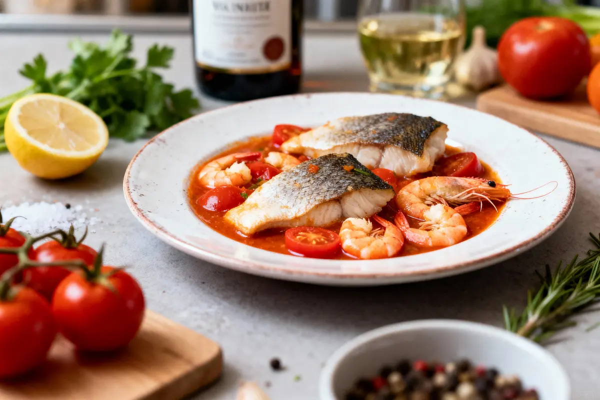 Assiette de poisson et crevettes avec tomates, citron, herbes fraîches, bouteille de vin, décor cuisine élégante.