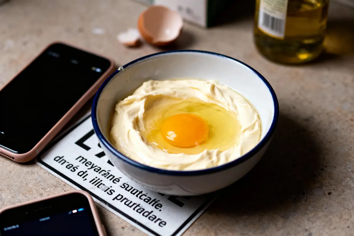 Bol avec jaune d'œuf sur mayonnaise, près d'un téléphone et coquille d'œuf.