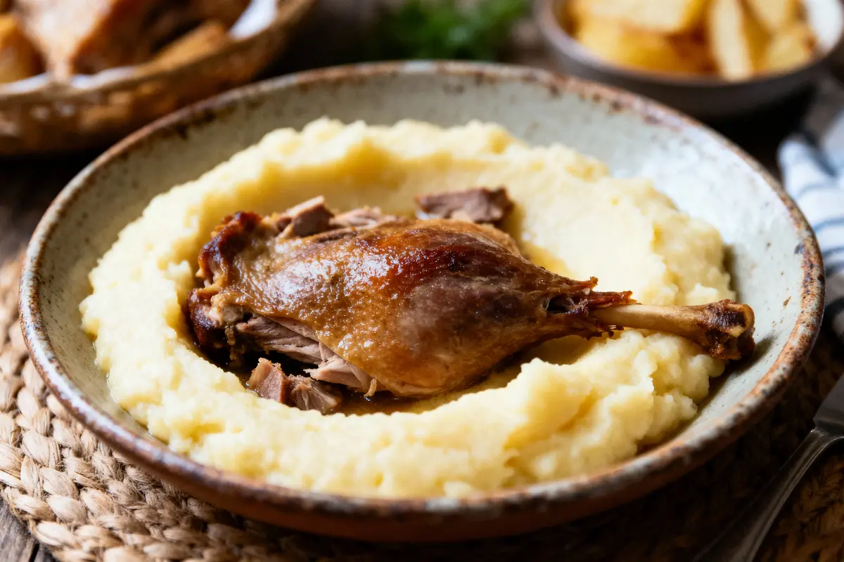 Plat de confit de canard sur purée de pommes de terre dans une assiette en céramique.